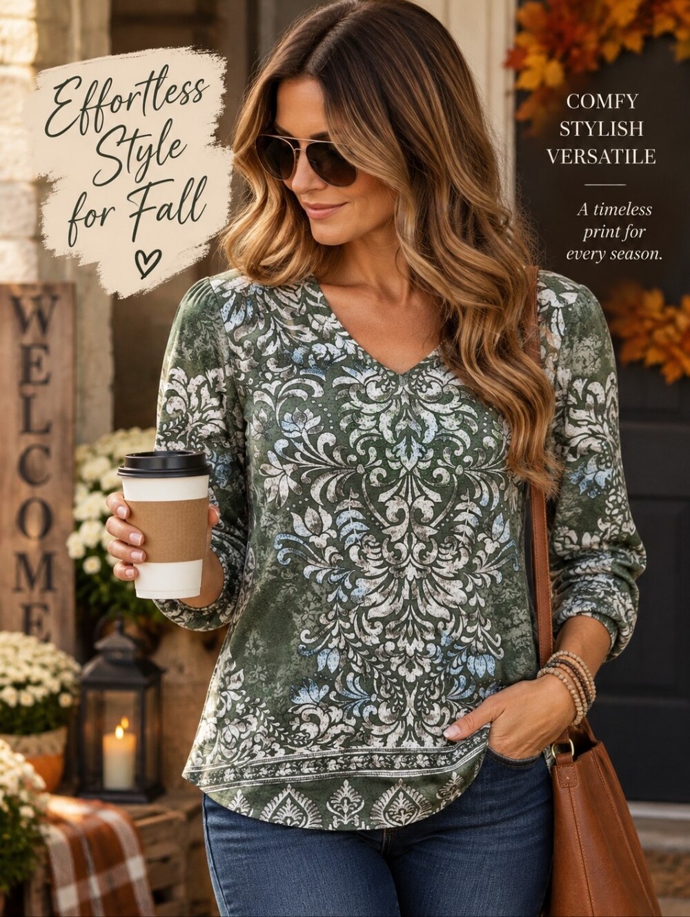 One World Live & Let Live Green Floral Rhinestone V-Neck Top PM
